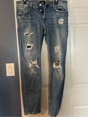 Forever 21 Men's Distressed Blue Slim Straight Jeans